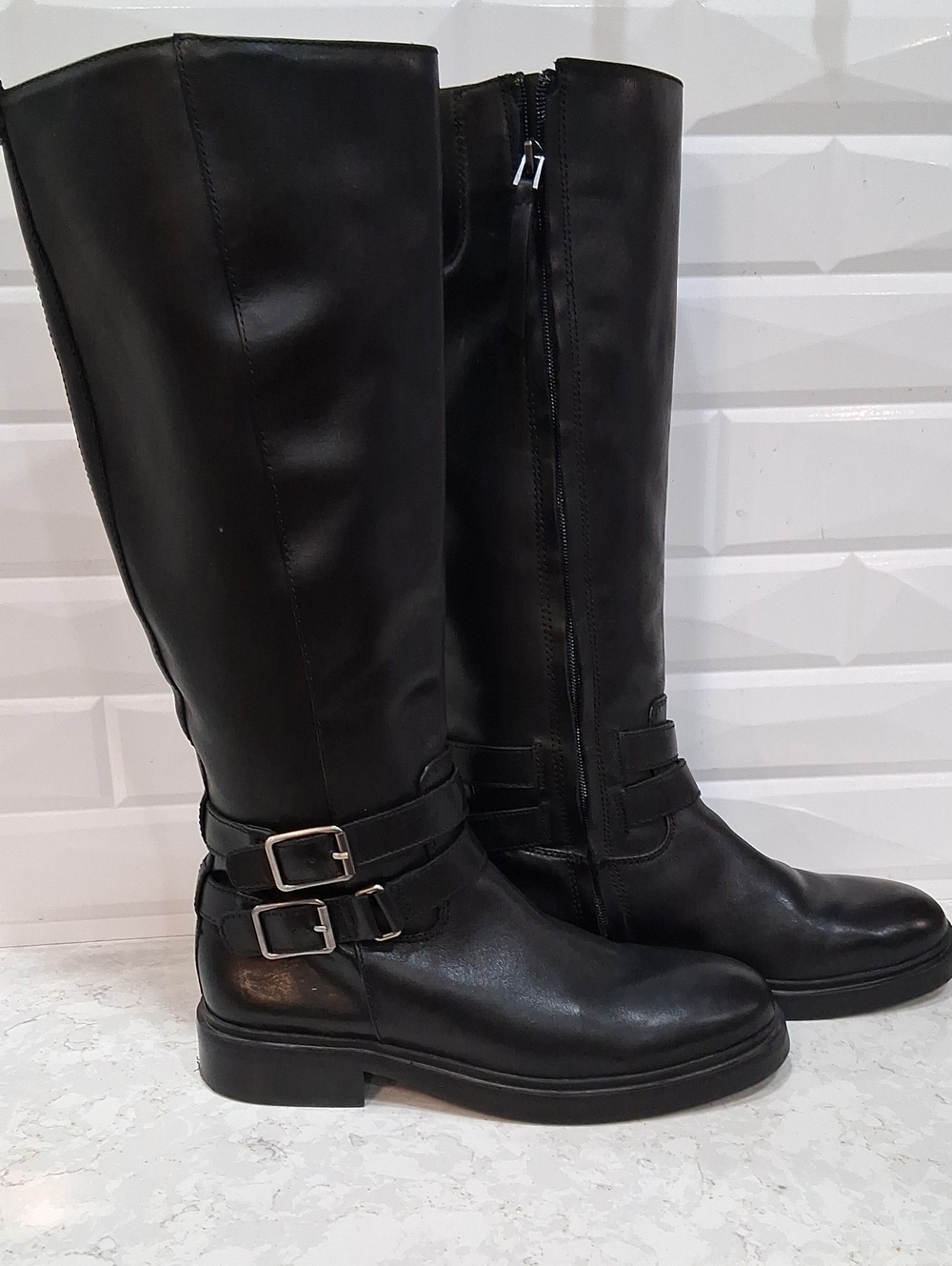 Sam Edelman Freda Black Leather Knee-High Buckle Riding Boots Size 8